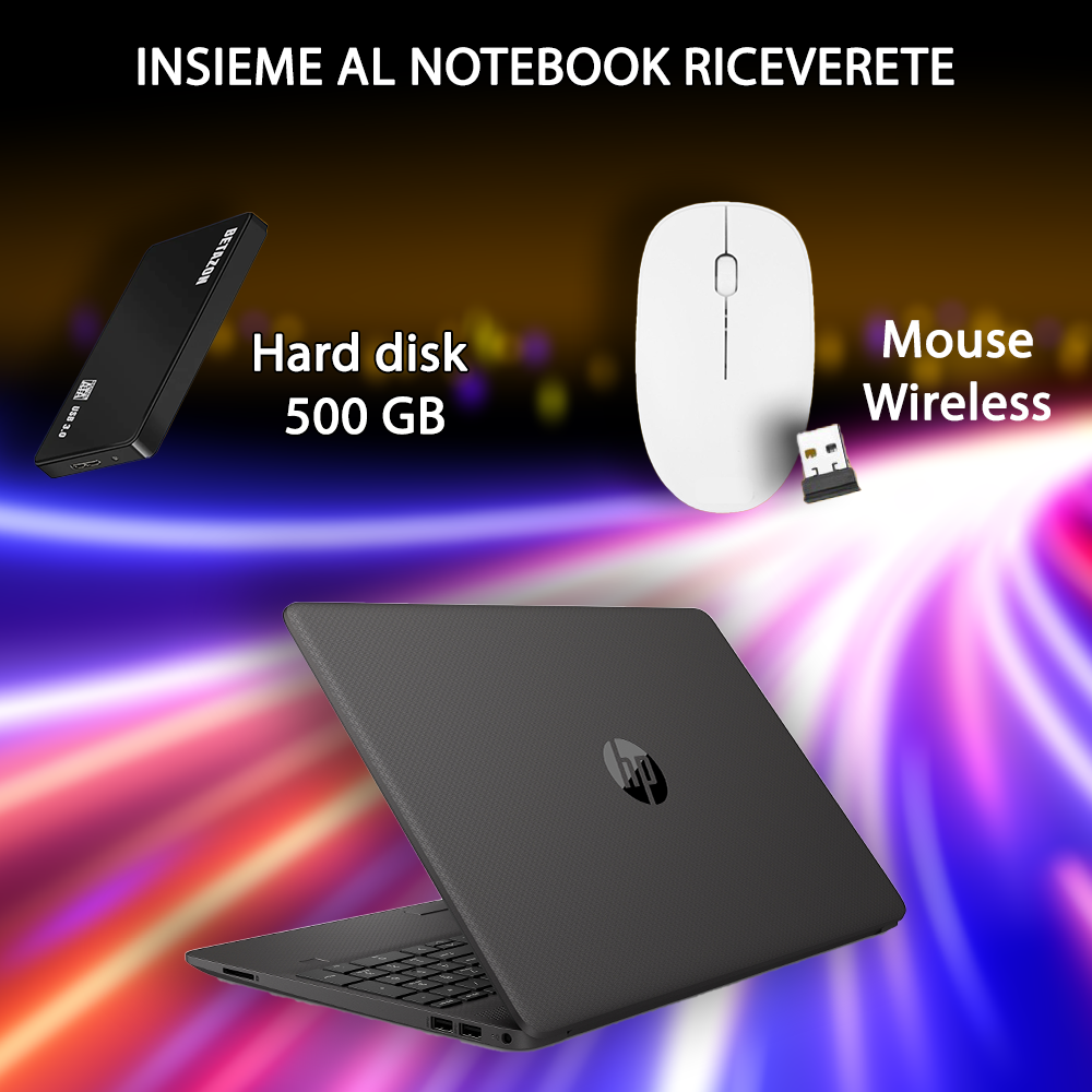 HP Notebook NUOVO con Pendrive Fingerprint Privacy • CPU Intel N4500 @ 2,8ghz • SSD 256 GB • Ram 16 GB • Sistema operativo e Libre Office • Hard Disk 500 GB esterno e Mouse wireless.