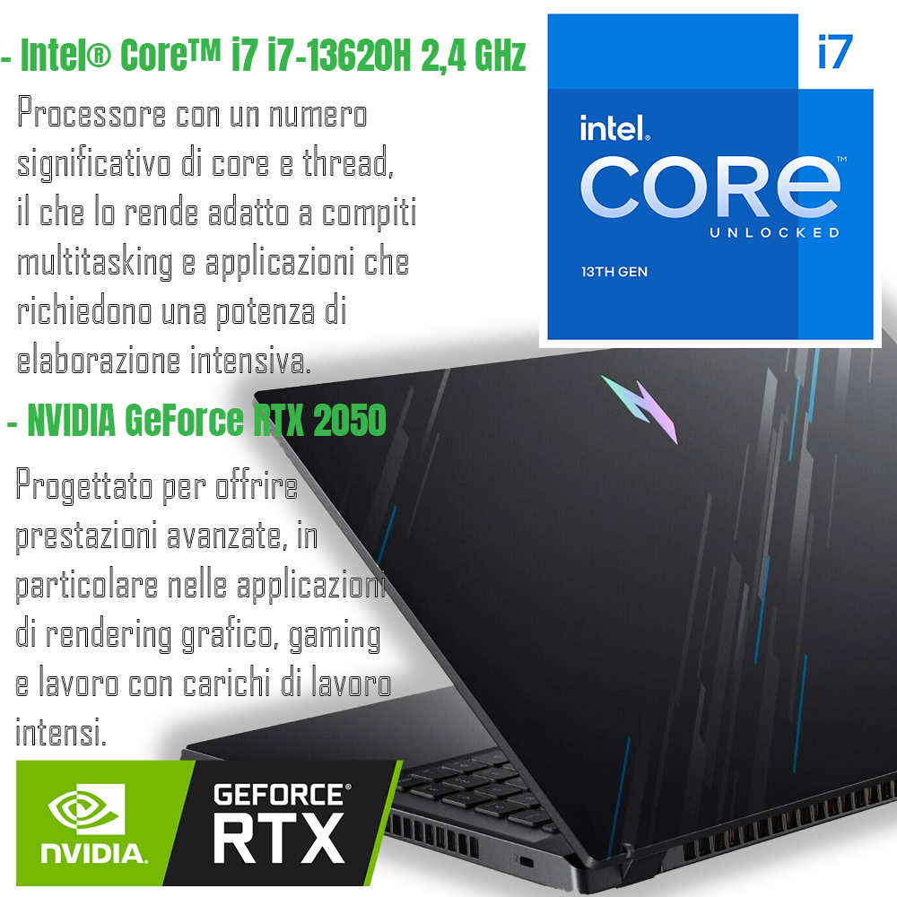 Notebook NUOVO Acer Nitro v15• Cpu i7 13620H • 16 GB RAM ddr5 • 512 GB SSD • NVIDIA Ge Force RTX 2050 • Windows 11 Pro • Buono STEAM 20€