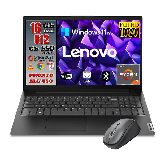 Lenovo Notebook NUOVO • CPU Amd Ryzen 7 • Ram 16GB • Monitor 15.6" Full HD • SSD 512 GB • Ingresso LAN, HDMI, USB • Sistema operativo WIN 11 PRO e Pacchetto Office • MOUSE WIRELESS • PRONTO ALL'USO