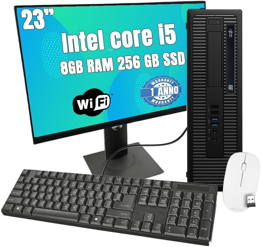 Postazione PC COMPLETA, Lettore DVD, Processore i5, Ram 8Gb, SSD 256Gb, Wi-Fi, sistema operativo attivo a vita - Pronto all'uso con programmi installati - Tastiera, mouse e MONITOR 23" RICONDIZIONATO