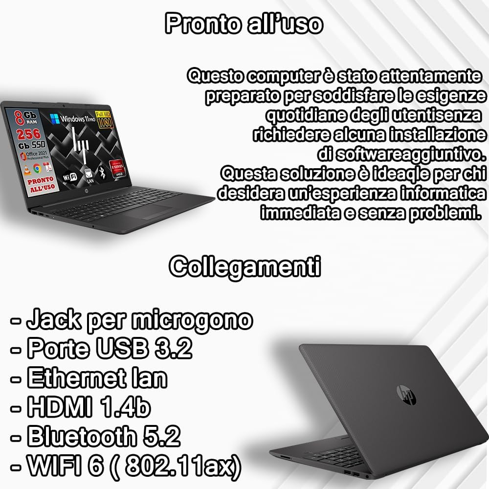 Notebook HP (Ricondizionato) • Full AMD 3020 • 8 GB DDR4-SDRAM • 256 GB SSD storage • Windows 11 Pro e Pacchetto Office