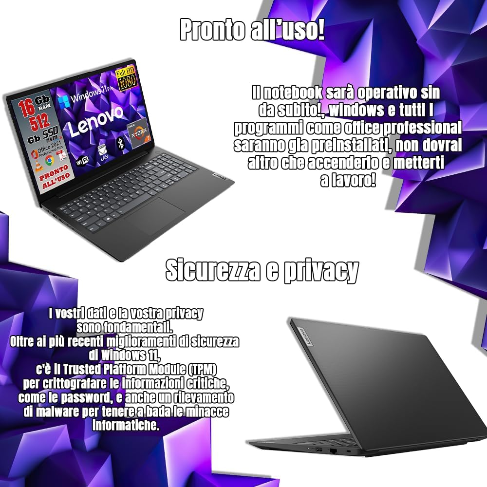 Lenovo Notebook NUOVO • CPU Amd Ryzen 7 • Ram 16GB • Monitor 15.6" Full HD • SSD 512 GB • Ingresso LAN, HDMI, USB • Sistema operativo WIN 11 PRO e Pacchetto Office • MOUSE WIRELESS • PRONTO ALL'USO