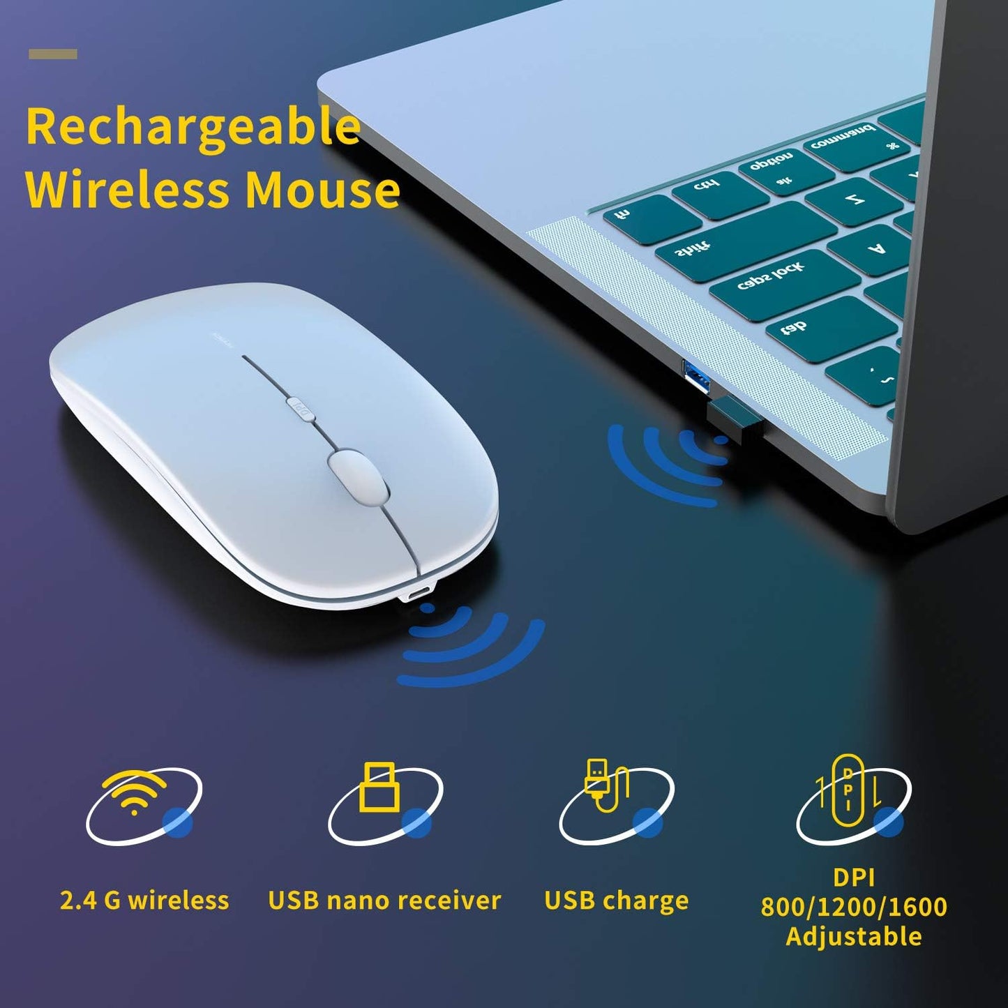 Mouse Wireless Bianco Betazon,Ergonomico Clic Silenzioso Senza Fili, USB Ottico 3 Livelli Regolabile Dpi,Portatile Leggero Per Computer Pc