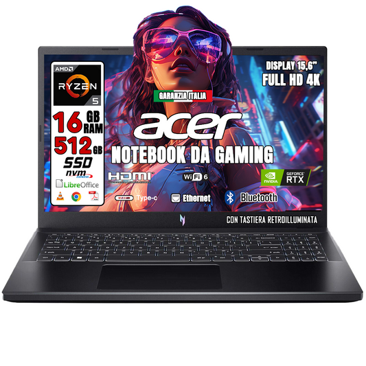 Acer Nitro V 15 Notebook Gaming NUOVO, Processore AMD Ryzen 5 7535HS, Ram 16 GB DDR5, 512 GB SSD, Display 15.6" FHD IPS 144 Hz LED LCD, NVIDIA GeForce RTX 2050 4 GB, Windows 11 Home